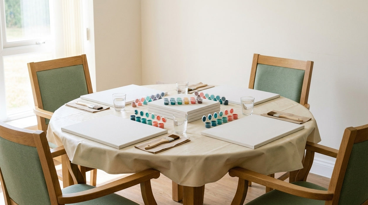 A care home activity table laid out for a group paint by numbers session: four blank canvas boards, sets of teal and coral acrylic paint pots, chunky-handled brushes and water glasses on a wipeable cream cloth in bright daylight