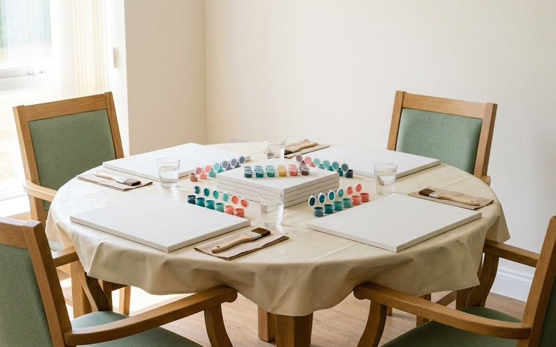 A care home activity table laid out for a group paint by numbers session: four blank canvas boards, sets of teal and coral acrylic paint pots, chunky-handled brushes and water glasses on a wipeable cream cloth in bright daylight