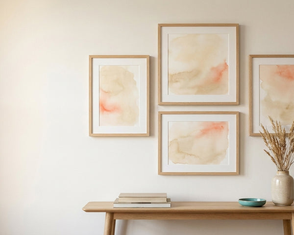 Gallery wall of four light oak frames holding soft abstract watercolour washes above an oak console table with dried grasses and a teal ceramic dish