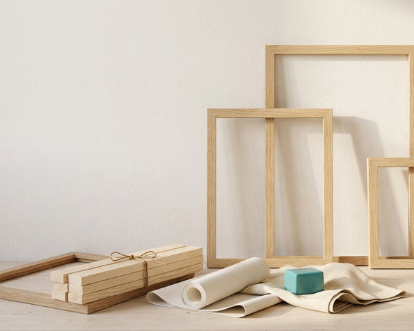 Three empty light oak picture frames leaning against a cream wall with a bundle of wooden stretcher bars and a rolled blank canvas on pale floorboards