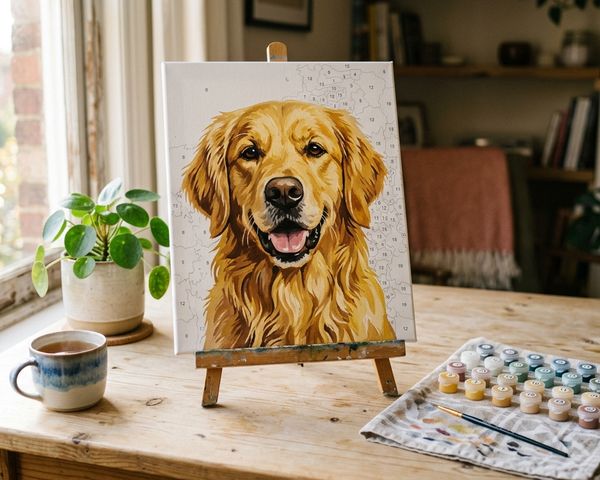 Custom paint by numbers kit of a golden retriever from a photo, on a wooden easel beside numbered paint pots in a sunny room