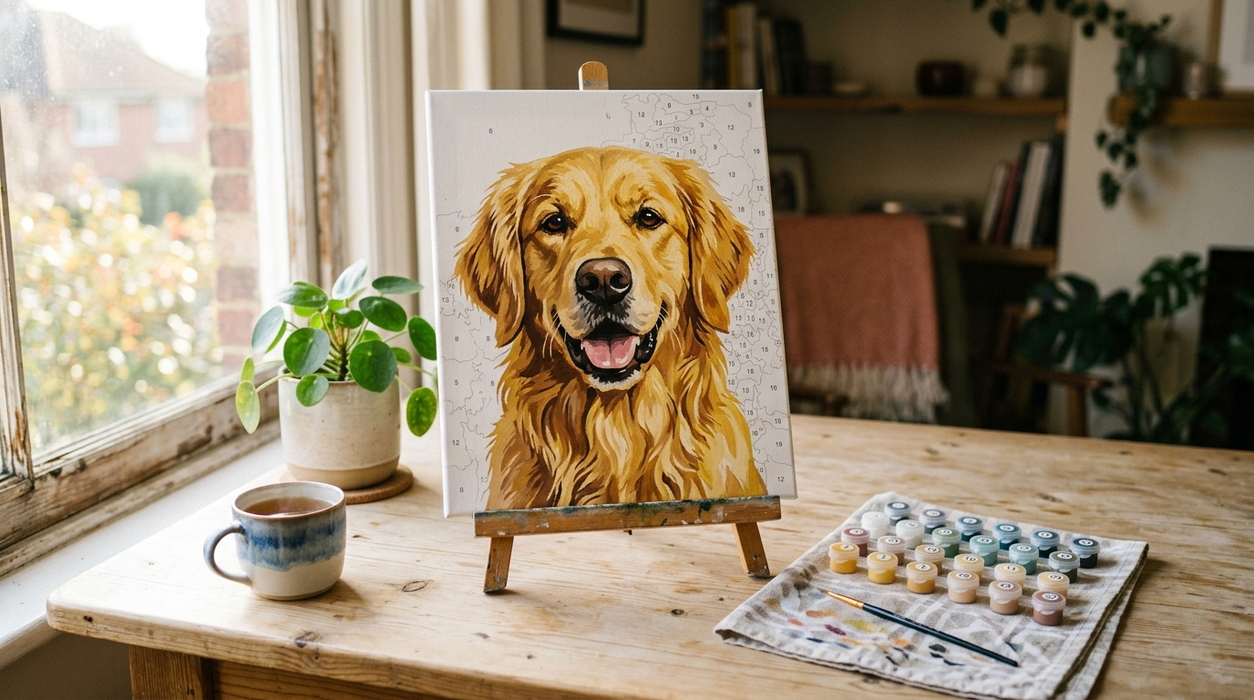 Custom paint by numbers kit of a golden retriever from a photo, on a wooden easel beside numbered paint pots in a sunny room
