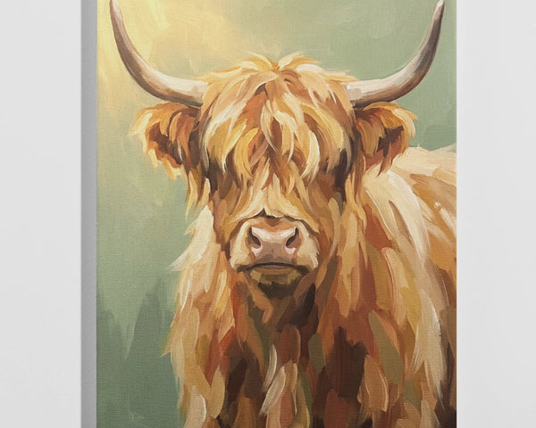 Highland cow portrait paint by numbers kit — beginner friendly completed painting, shaggy ginger cow wall art