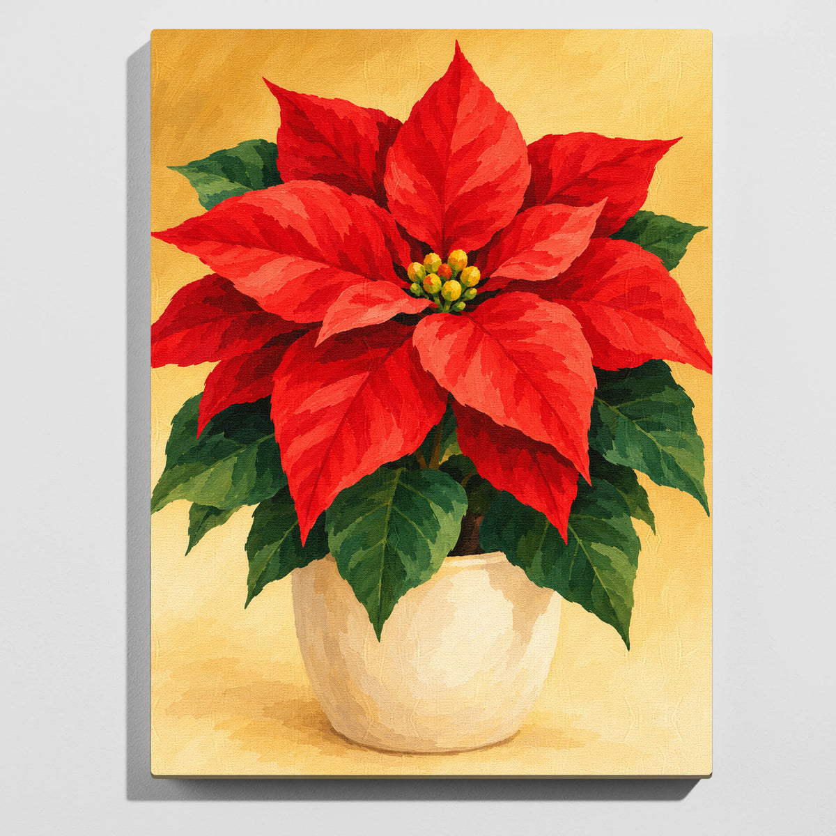 Poinsettia paint by numbers kit: finished painting of a red poinsettia in a cream pot against a warm gold background
