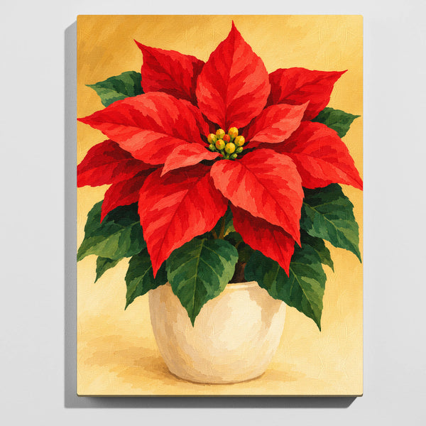 Poinsettia paint by numbers kit: finished painting of a red poinsettia in a cream pot against a warm gold background