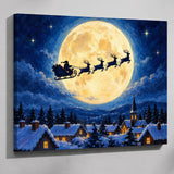 Santa's sleigh paint by numbers kit: finished painting of Santa's sleigh and reindeer silhouetted against a full moon above a snowy village