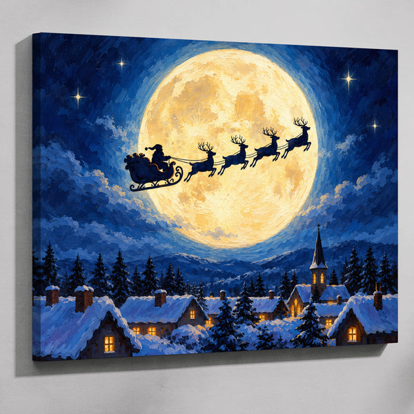 Santa's sleigh paint by numbers kit: finished painting of Santa's sleigh and reindeer silhouetted against a full moon above a snowy village