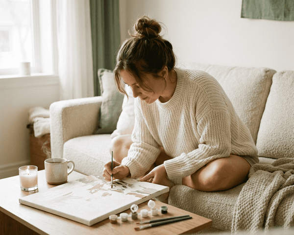 Person painting a paint by numbers canvas at a table in soft daylight, illustrating the calming, screen-free nature of the hobby
