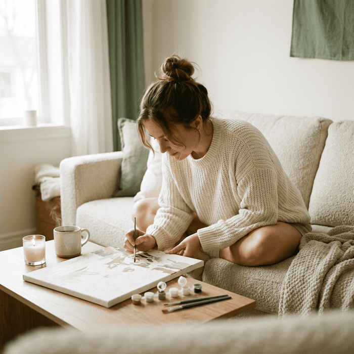 Person painting a paint by numbers canvas at a table in soft daylight, illustrating the calming, screen-free nature of the hobby