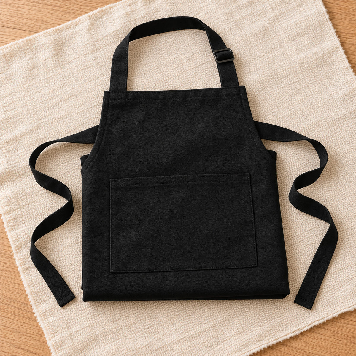 Black painter's apron folded on linen