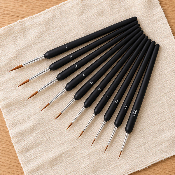 Ten fine-detail paint brushes, sizes 000 to 7, with black handles