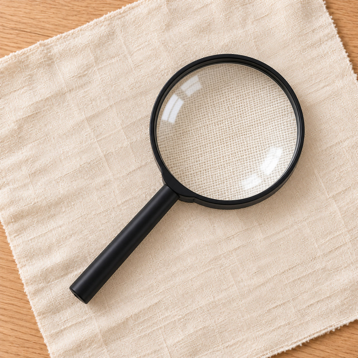 Black handheld magnifying glass on linen