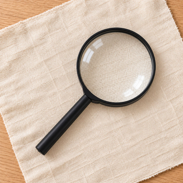 Black handheld magnifying glass on linen
