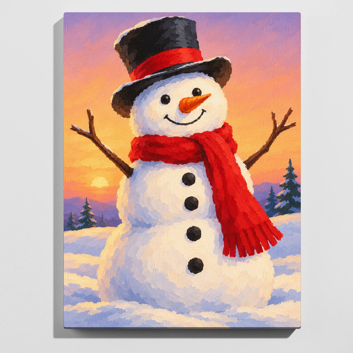 Snowman paint by numbers kit: finished painting of a smiling snowman in a black top hat and red scarf against a peach and lilac sunset