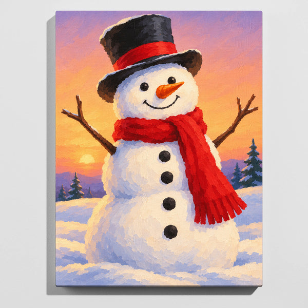 Snowman paint by numbers kit: finished painting of a smiling snowman in a black top hat and red scarf against a peach and lilac sunset