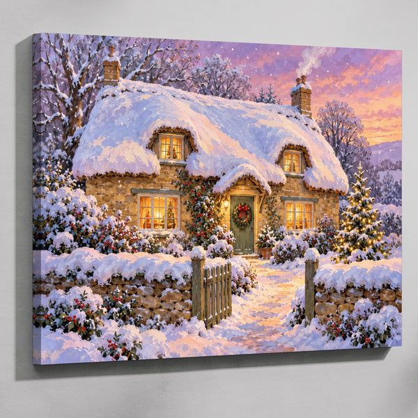 Snowy Christmas cottage paint by numbers kit: finished painting of a thatched cottage in snow with a wreath on the door and lit windows