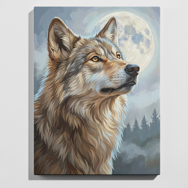 Wolf in moonlight paint by numbers kit — intermediate difficulty, dramatic wolf portrait in moonlit sky wall art
